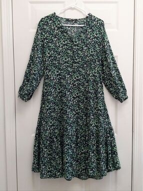 Uniqlo Floral Tiered Button Front Midi Dress Tie Green Medium Boho Cottagecore